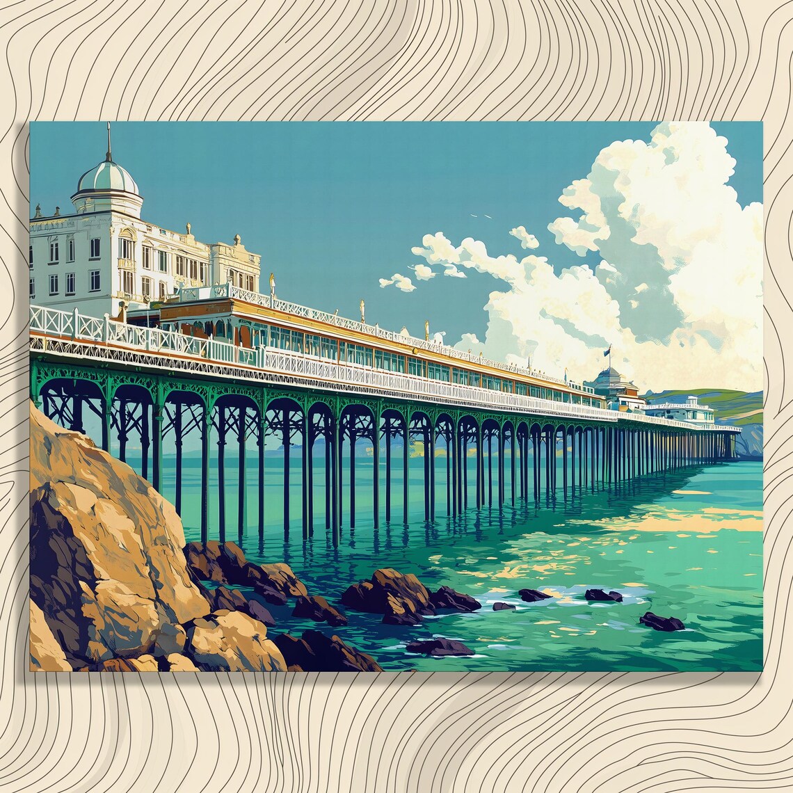 Vintage Seaside Pier Stretching Over Turquoise Sea Retro Travel Poster