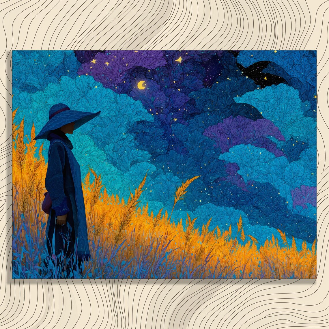 Starry Night Woman Silhouette Golden Wheat Field Moon Art Poster