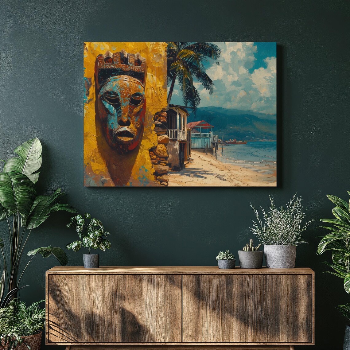 Carved Tribal Mask Beside Vivid Tropical Beach Stilt House Poster