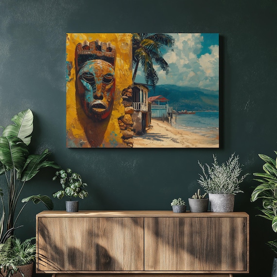 Carved Tribal Mask Beside Vivid Tropical Beach Stilt House Poster