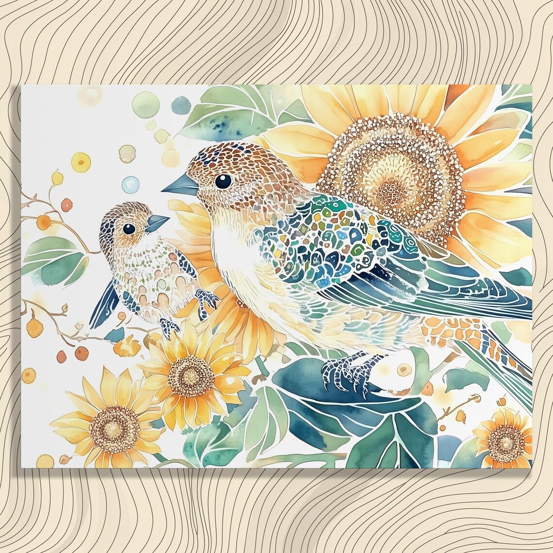 Goldfinches Among Sunflowers Colorful Patterned Watercolor Bird Poster