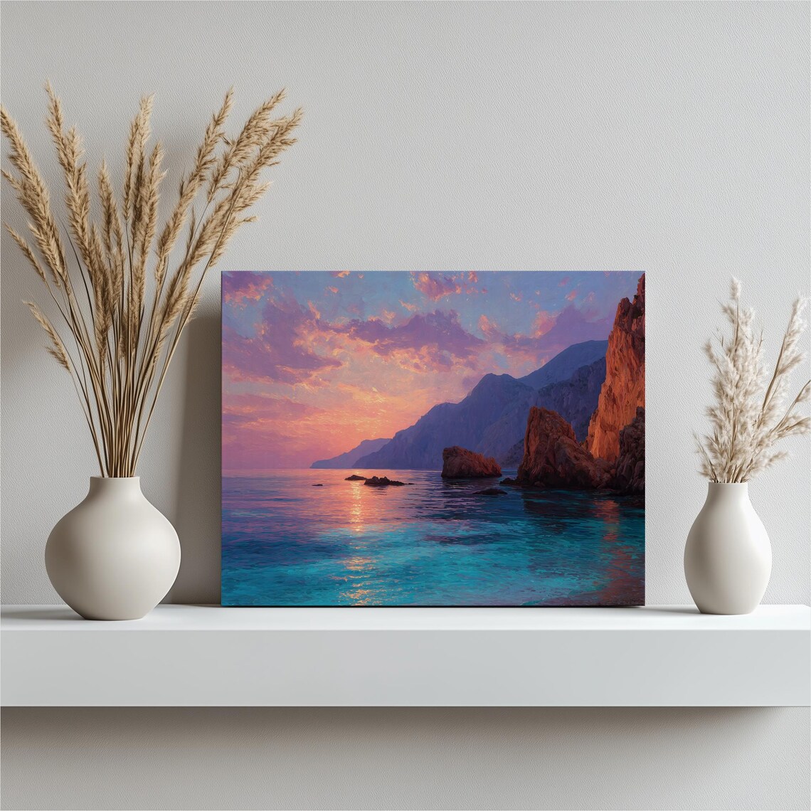 Violet Sunset Seascape Painting with Turquoise Ocean Cliffs Poster