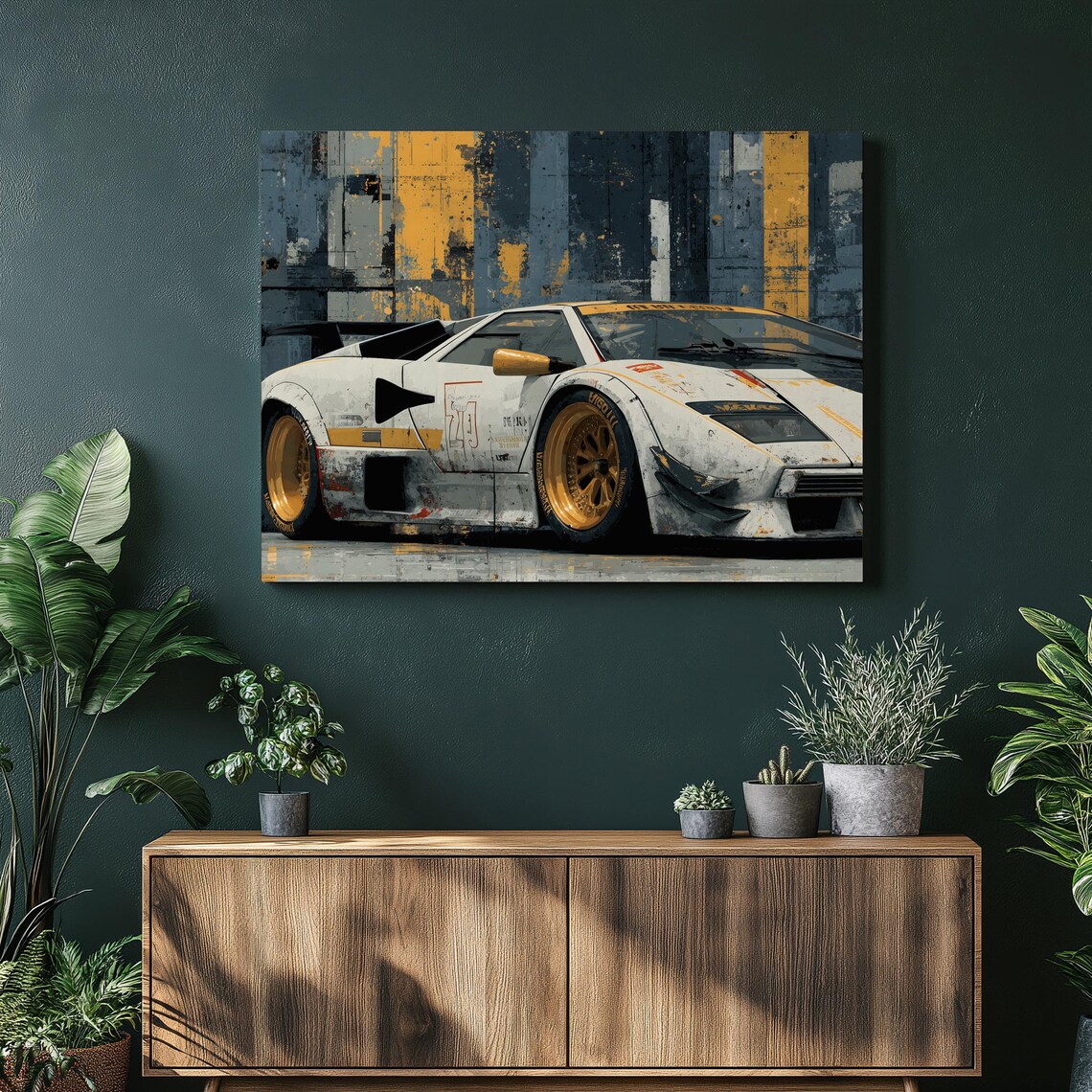 Retro White Supercar Gold Wheels Urban Grunge Race Car Poster