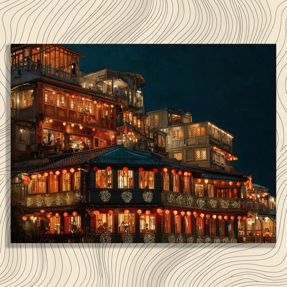 Tea House Canvas Wall Art Asian Chinese Lanterns Night Scene Mountain Village Window Lights Balcony Decor Vintage Teahouse