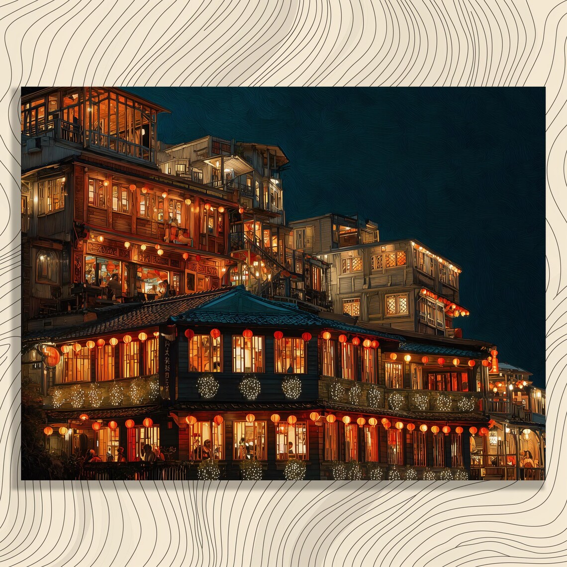 Asian Tea House Red Lanterns Glowing Night Street Scene Poster