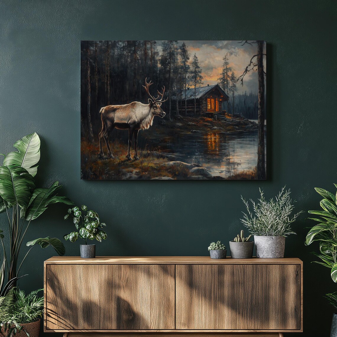 Reindeer At Nordic Lake With Glowing Cabin Dusk Scene Poster