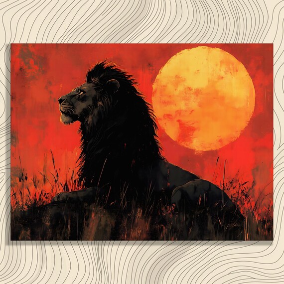 Lion Silhouette Sunset African Safari Dramatic Wildlife Wall Art