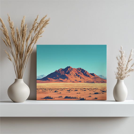 Mojave Desert Mountain Canvas Wall Art Minimalist Red Rock Landscape Panoramic Print For Modern Southwest Decor Wide Teal Sky Scenery
