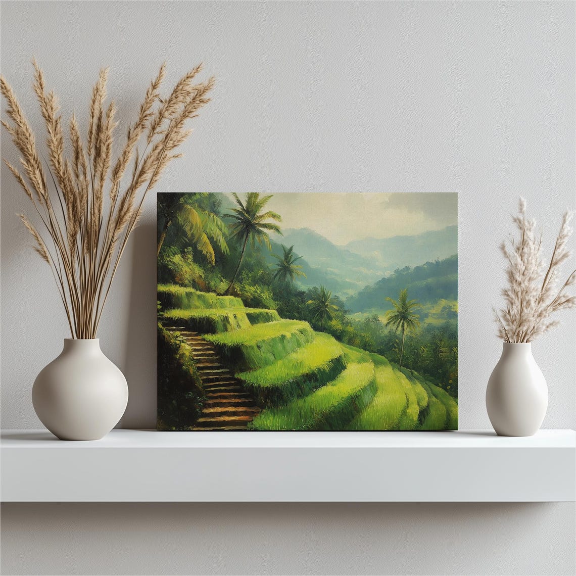 Green Rice Terraces Tropical Hills Palm Trees Landscape Poster