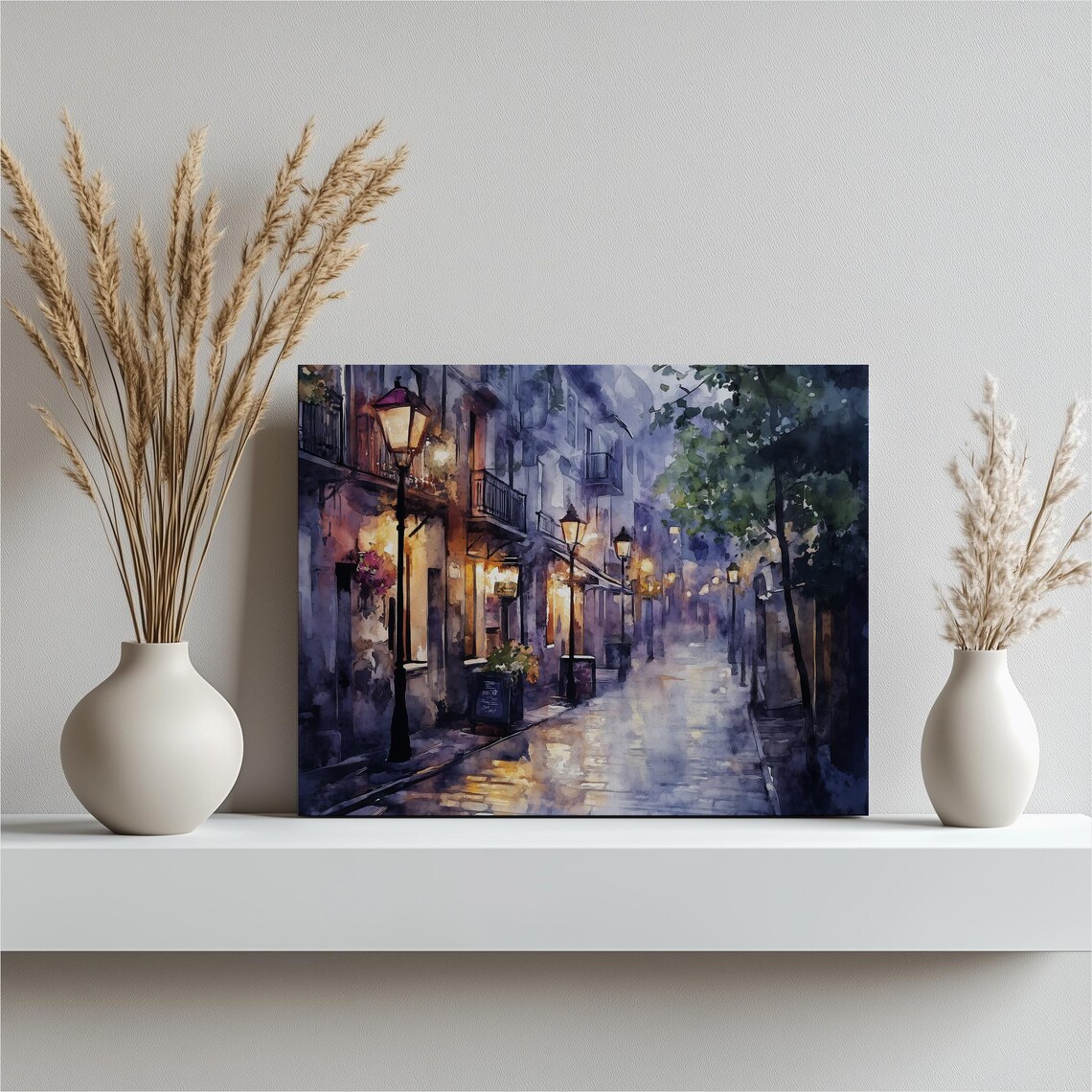 Rainy Evening Street Glowing Lamps Watercolor Style Romantic Poster