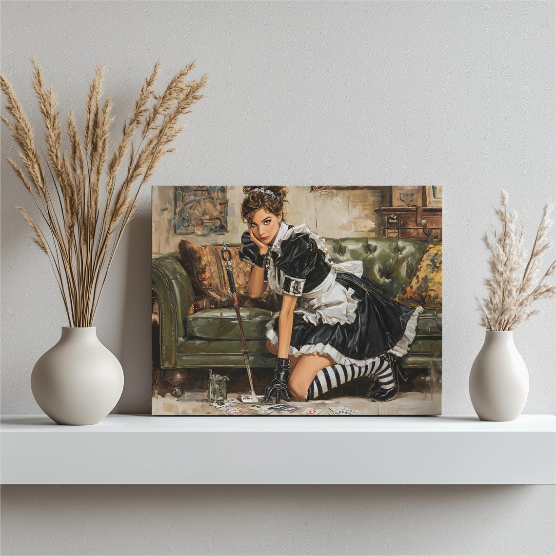 Retro Pin Up Maid Playing Cards Green Sofa Vintage Illustration Poster