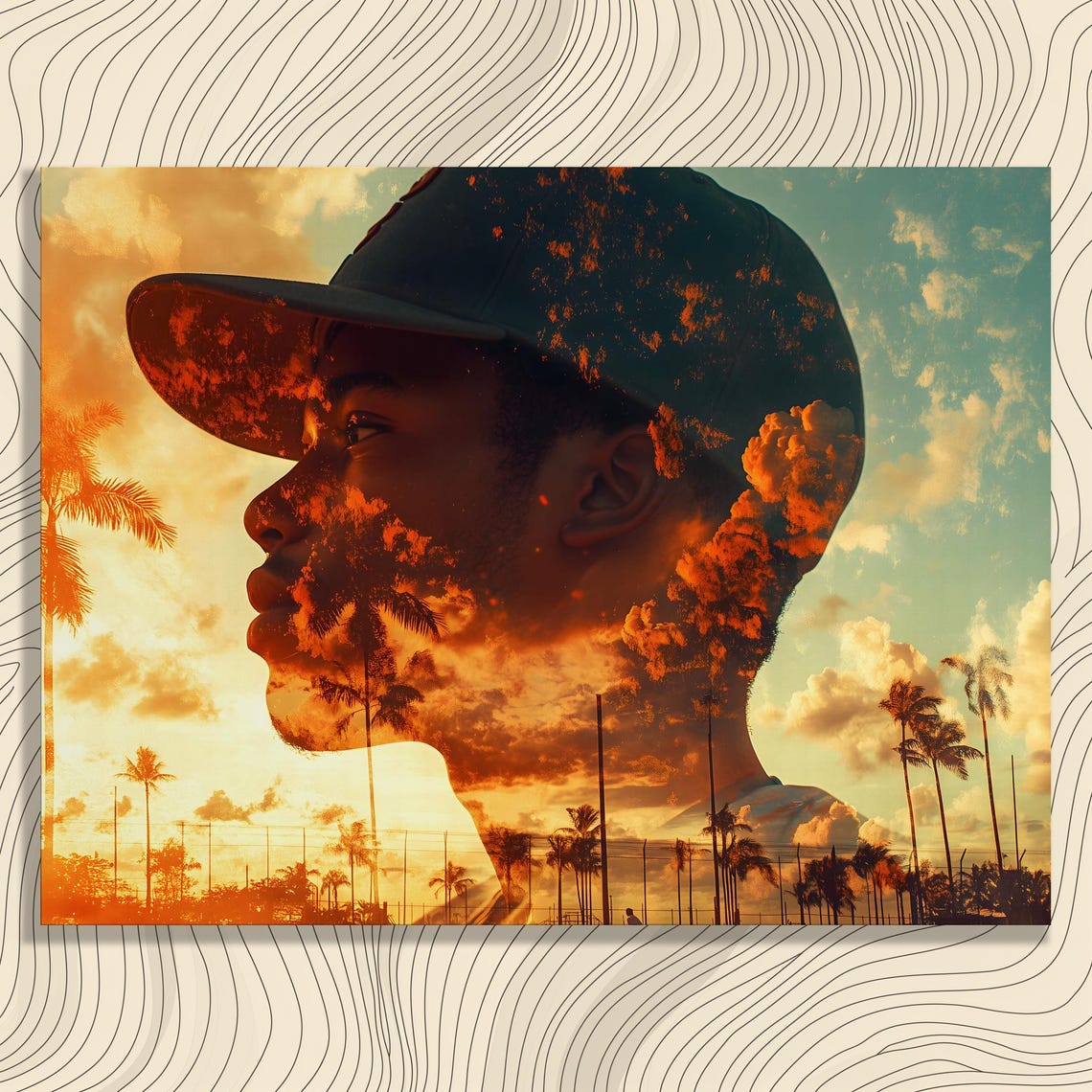 Sunset Silhouette Canvas Wall Art Double Exposure Print Tropical Palm Trees Nature Landscape Modern Decor