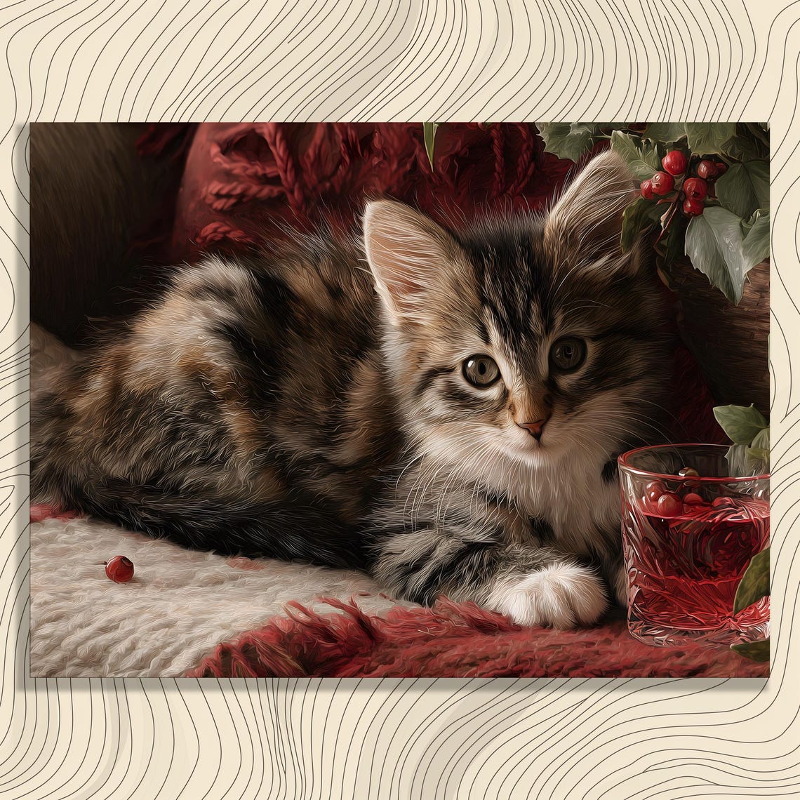 Festive Christmas Kitten Tabby Cat Cozy Winter Holiday Scene Print