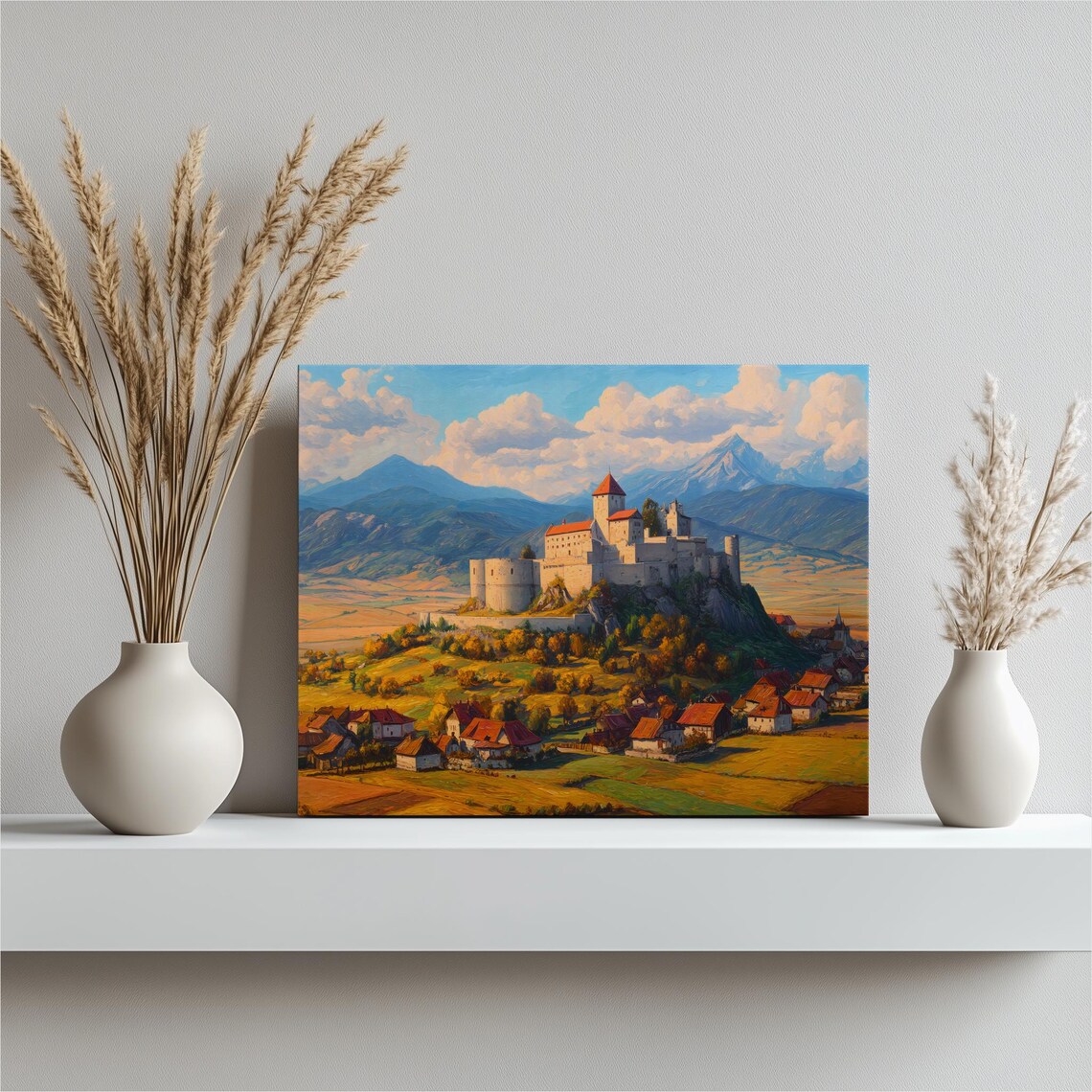 Medieval Castle On Hill Above Village Mountain Valley Wall Art