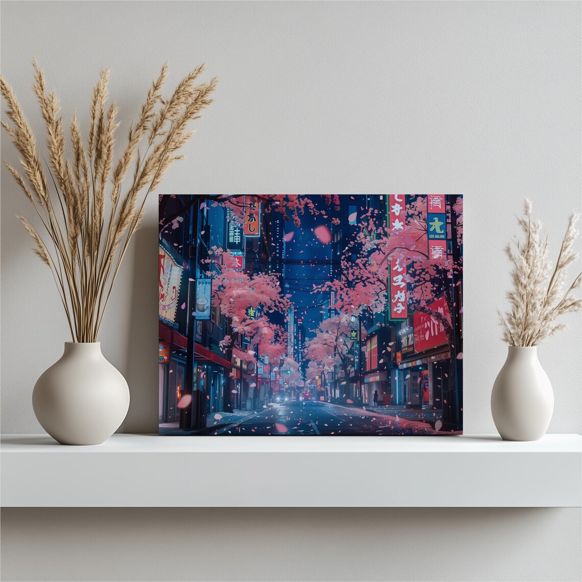 Tokyo Cherry Blossom Night Street Neon Signs Pink Petals City Poster