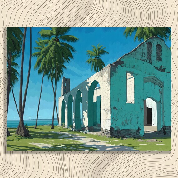Tropical Beach Ruins Palm Trees Azure Sea Island Escape Poster