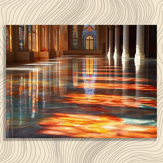 Sunlit Stained Glass Canvas Wall Art Vibrant Colorful Reflections And Architecture Decor Print With Orange Blue Pattern For Home
