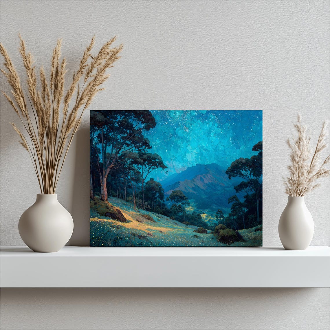 Starry Mountain Valley Night Sky Dreamy Forest Landscape Poster