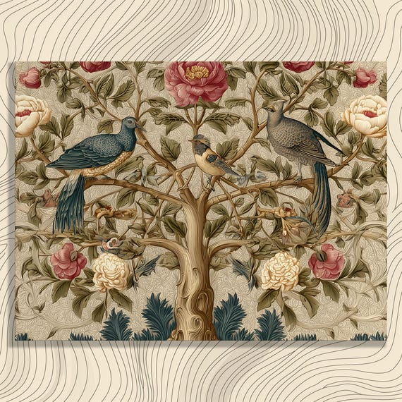 Tree Of Life Canvas Wall Art Vintage Botanical Tapestry Print Birds Roses Decorative Floral Nature Illustration Antique Style Living Decor