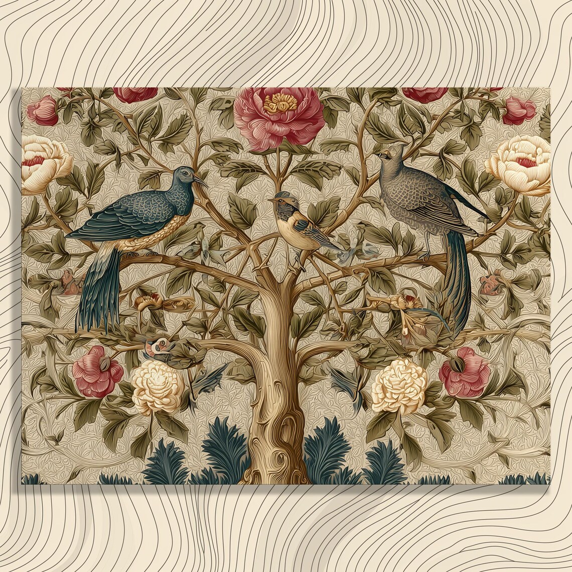 Tree of Life Vintage Botanical Birds and Roses Tapestry Print