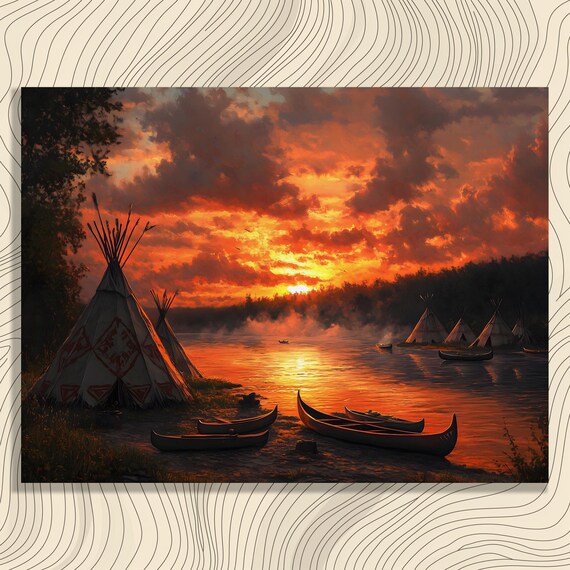 Sunset River Canoe Tipi Wilderness Landscape Painting Poster