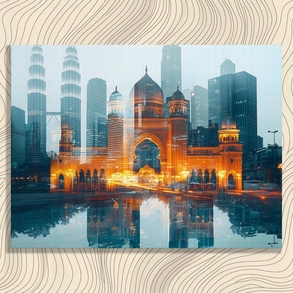 Dreamy Urban Canvas Wall Art Architectural Print With Skyscraper Reflection And Modern Traditional Fusion For Lovers