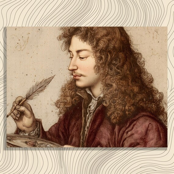 Baroque Quill Portrait Sepia Engraving Curly Haired Scholar Poster