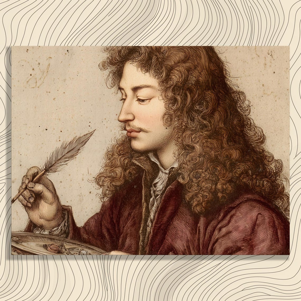 Baroque Quill Portrait Sepia Engraving Curly Haired Scholar Poster