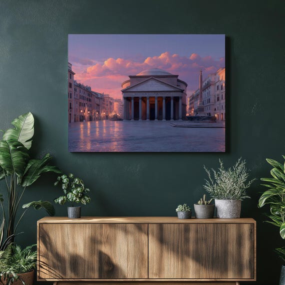 Pantheon Rome Italy Canvas Wall Art Twilight City Square European Decor Classical Columns Historic Landmark Urban Cityscape Travel
