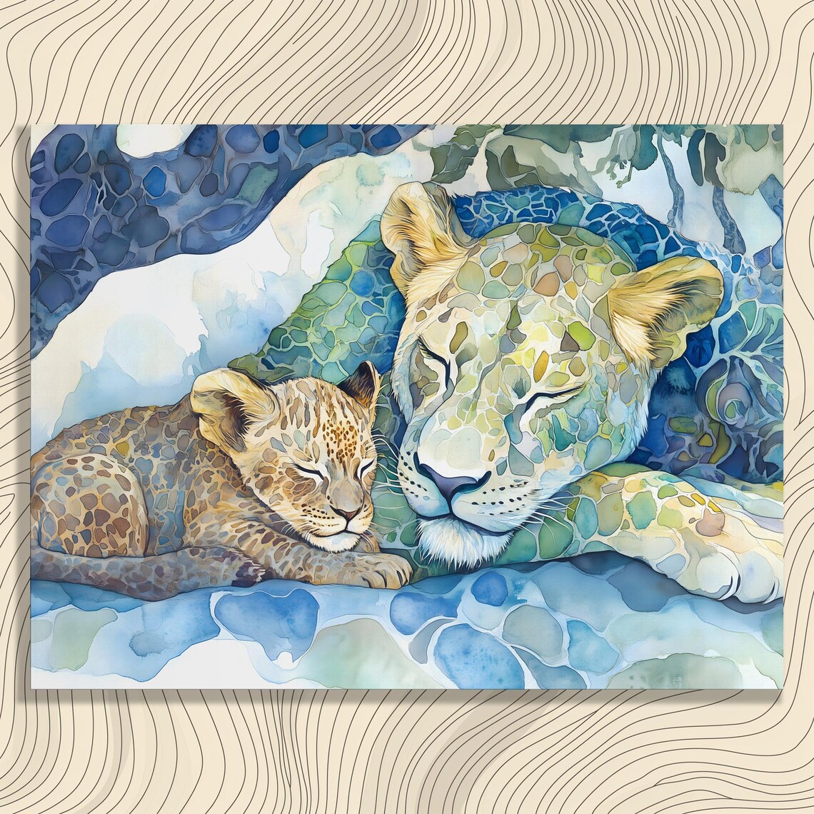 Lioness And Cub Sleeping Tender Mosaic Watercolor Wildlife Poster
