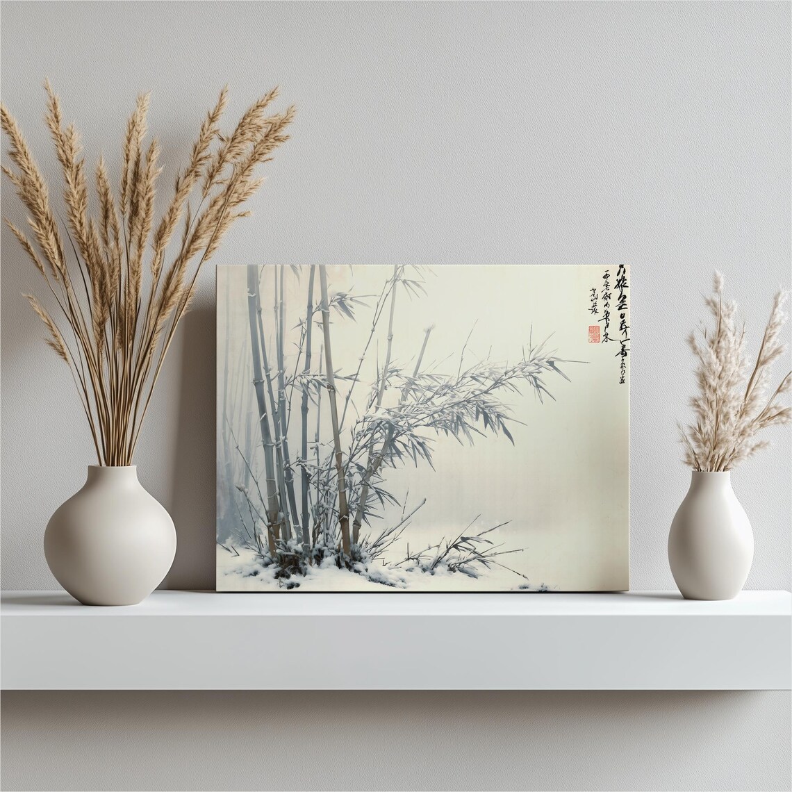 Snowy Bamboo Chinese Ink Painting with Calligraphy Art Poster