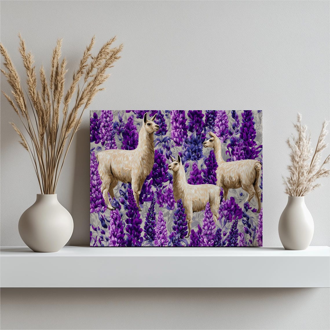 Llamas Among Purple Lupine Flowers Boho Botanical Pattern Wall Art