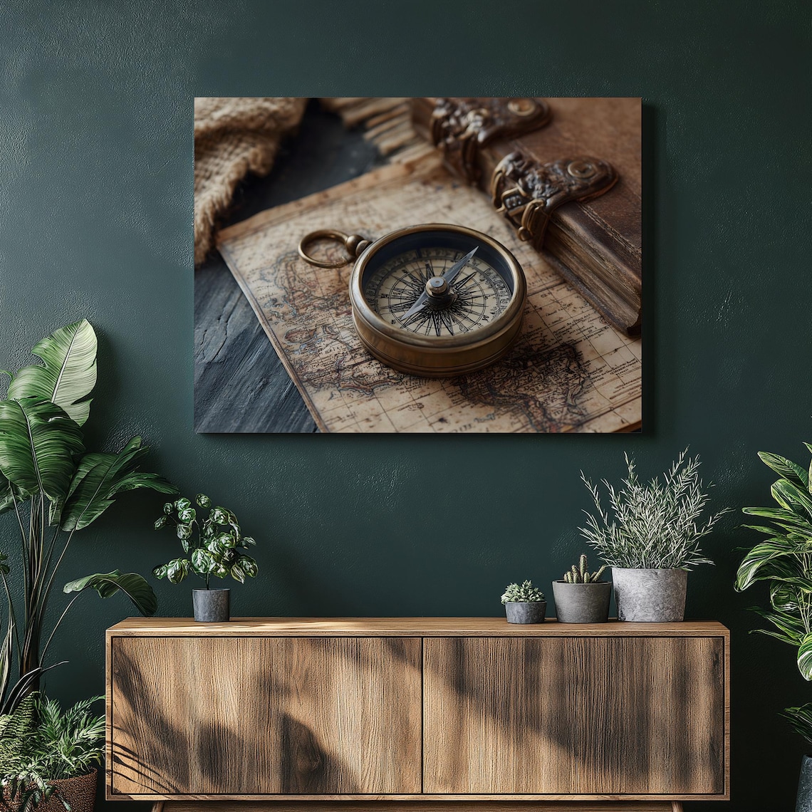 Vintage Brass Compass and Old Map Poster Antique Travel Adventure Art