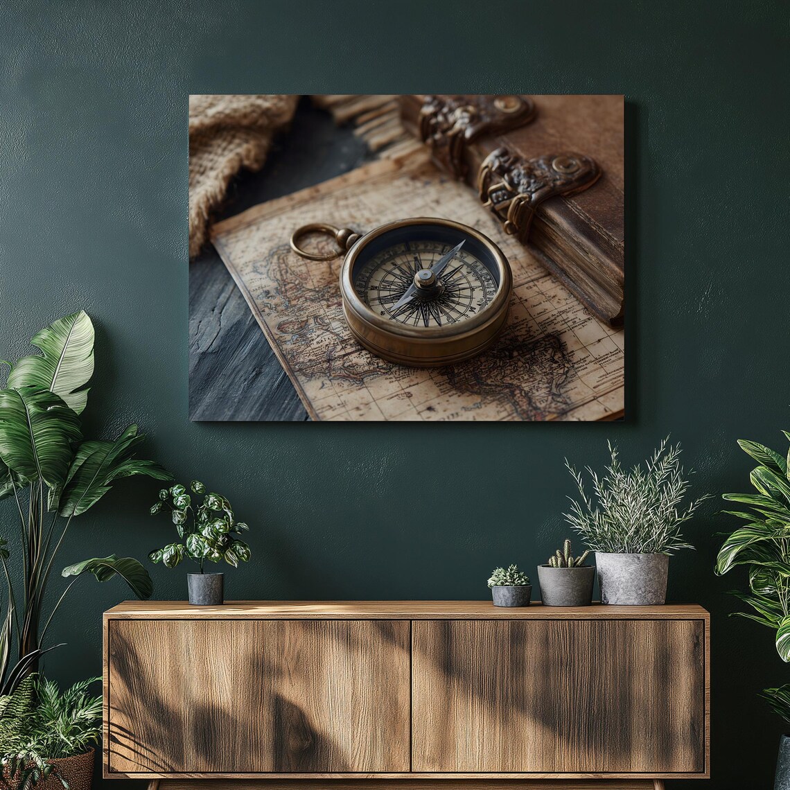 Vintage Compass Map Canvas Wall Art Antique Print Rustic Travel Decor Nautical Brass Old World Cartography Gift Navigation
