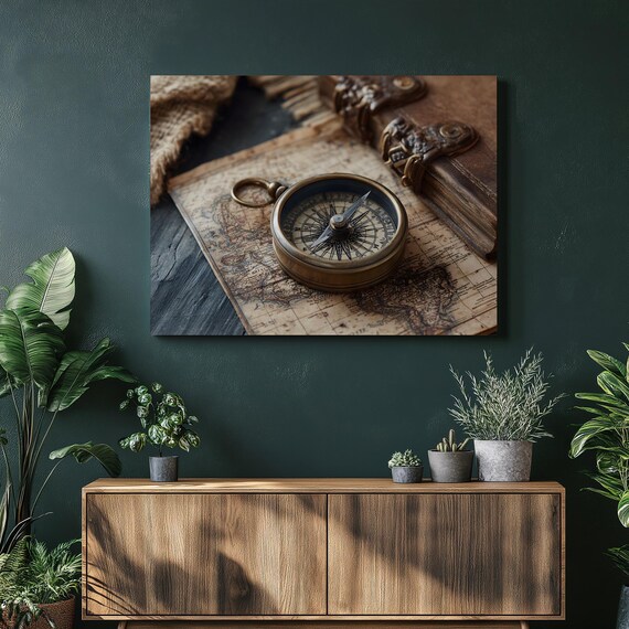 Vintage Compass Map Canvas Wall Art Antique Print Rustic Travel Decor Nautical Brass Old World Cartography Gift Navigation