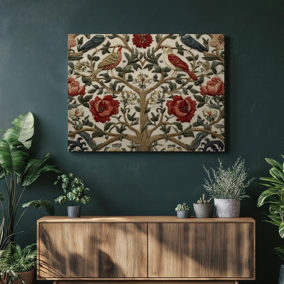 Birds And Blooms Canvas Wall Art Vintage Botanical Tapestry Print With Peonies Songbirds For Nature Decor Painting Gift