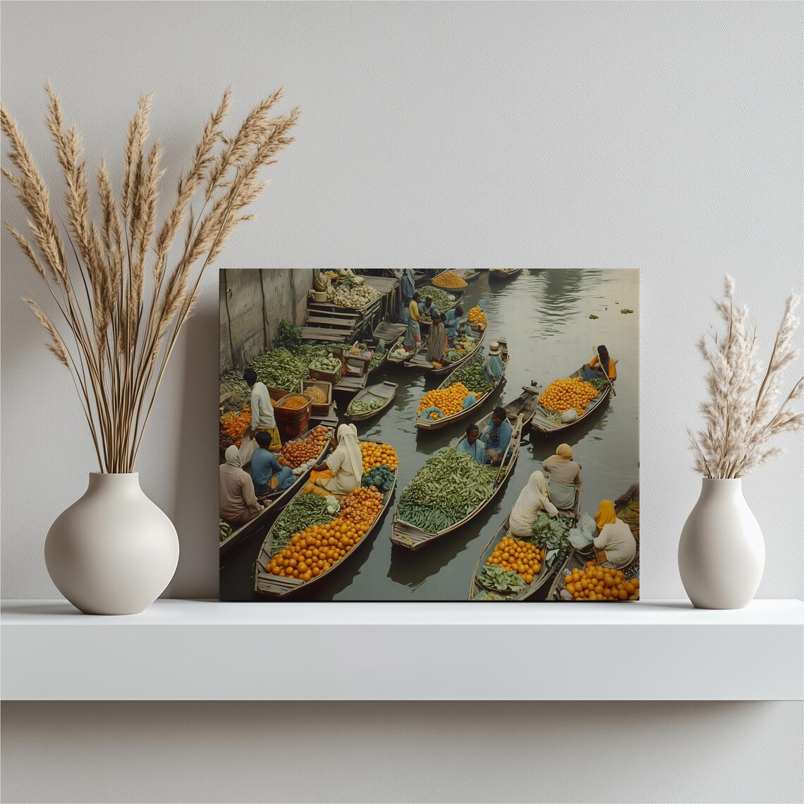 Bangladesh Floating Market Colorful Boats Canal Canvas Wall Art