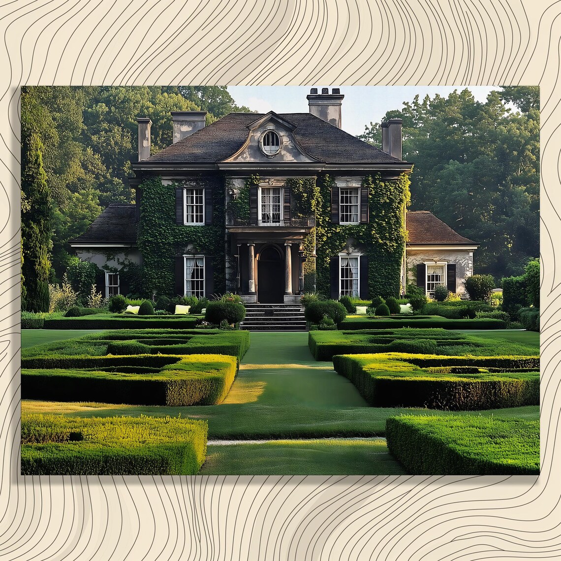 Classic Ivy Covered Mansion Formal Hedge Garden Estate Landscape Poster