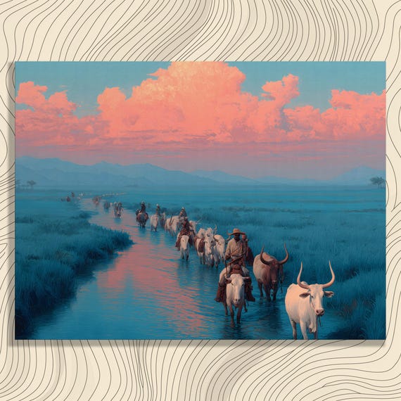 Western Longhorn Cattle Canvas Wall Art Sunset Sky River Crossing Mountain Range Water Reflection Country Farmhouse Ranch Artwork