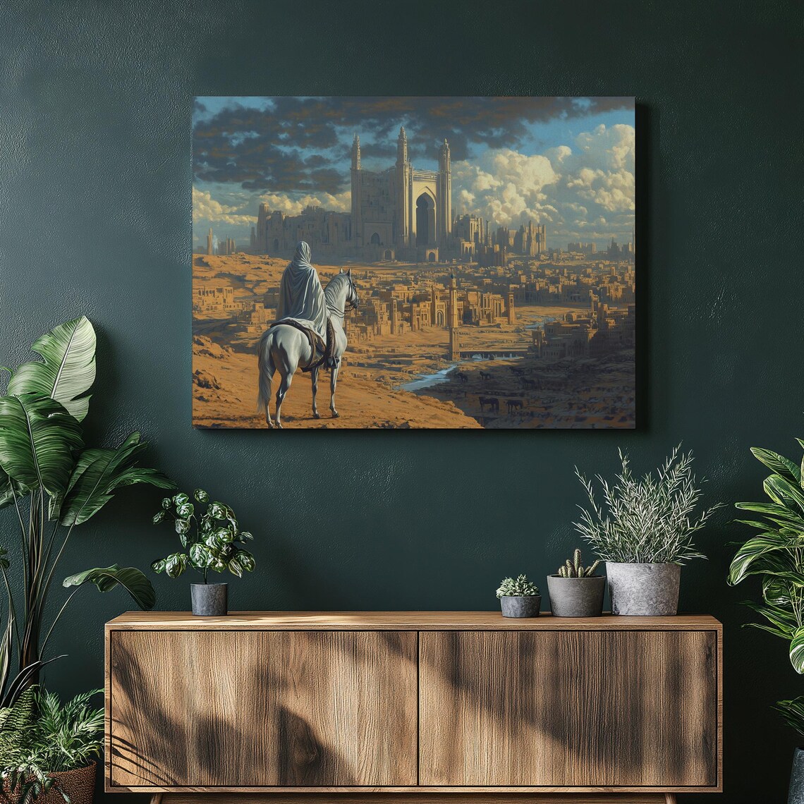 Hooded Rider On Horseback Ancient Desert City Painting Poster