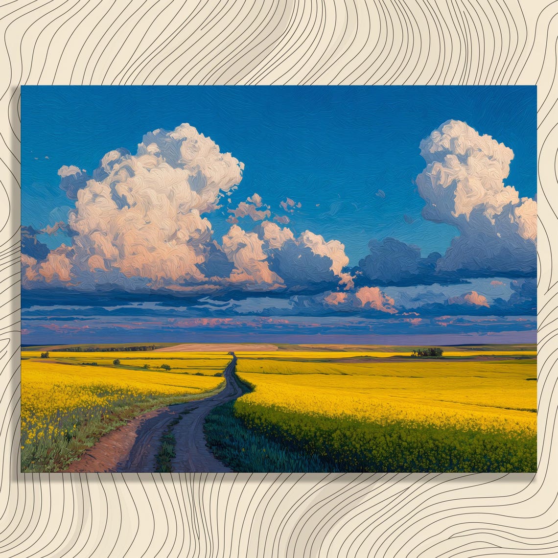 Golden Canola Fields Under Dramatic Clouds Rural Road Painting Poster