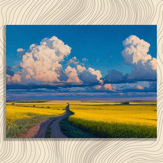 Canola Fields Canvas Wall Art Rural Landscape Print Winding Country Road Vibrant Sky Clouds Farmhouse Style Decor Nature Painting Gift