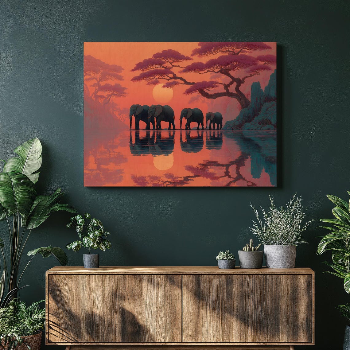 Elephant Herd Crimson Sunset Savanna Water Reflection Wildlife Poster