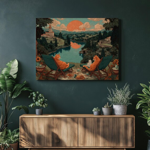 Cats Relaxing by Lake at Sunset With Castle Whimsical Poster