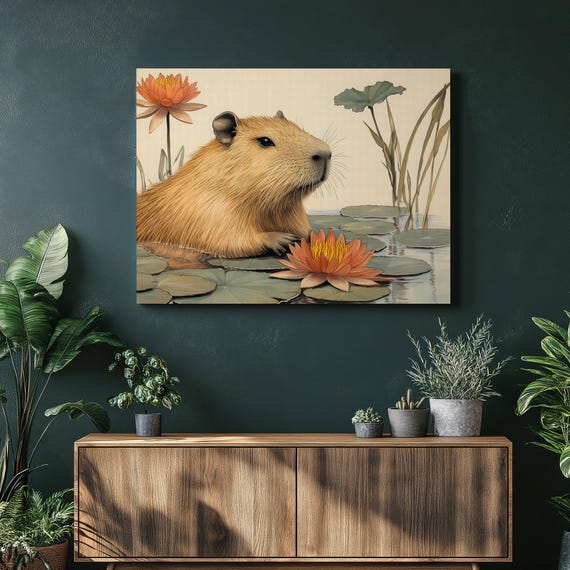 Capybara Pond Canvas Wall Art Serene Water Lily Scene Tranquil Wildlife Print For Relaxing Nature Decor And Zen Living Spaces