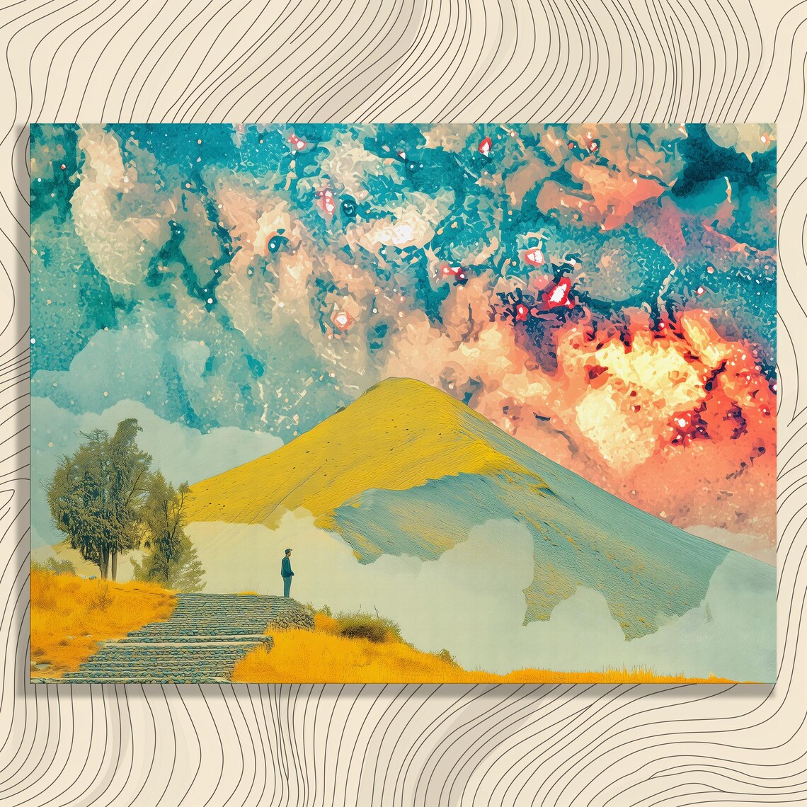 Surreal Mountain Galaxy Sky Lonely Figure Colorful Dream Poster