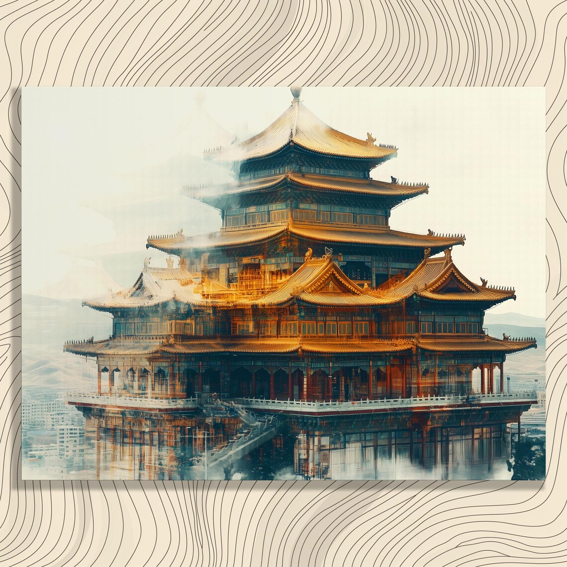 Golden Mongolian Monastery Temple Double Exposure Watercolor Poster