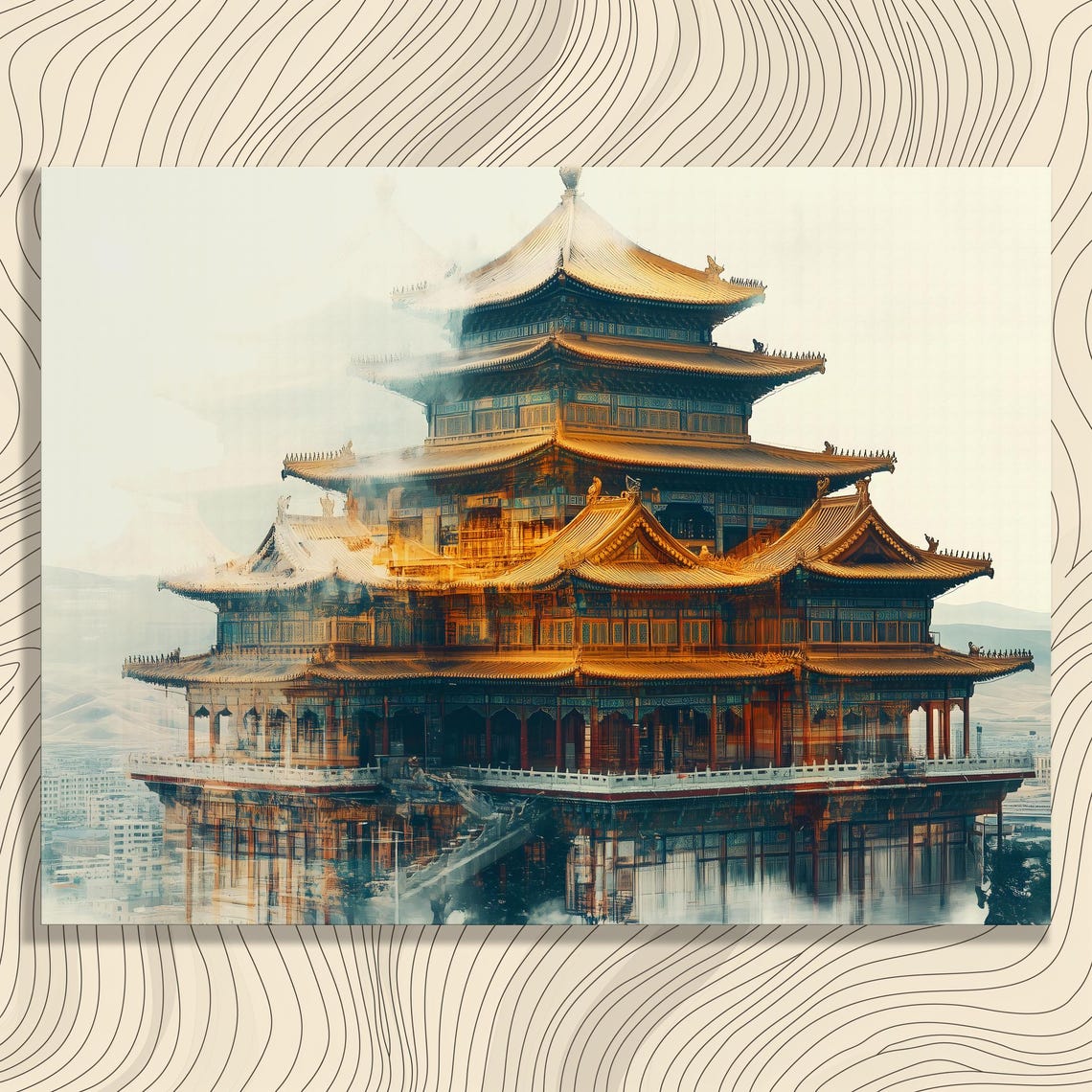 Mongolia Monastery Canvas Wall Art Golden Temple Double Exposure Cityscape Architecture Print Zen Travel Decor Serene Horizon Landscape