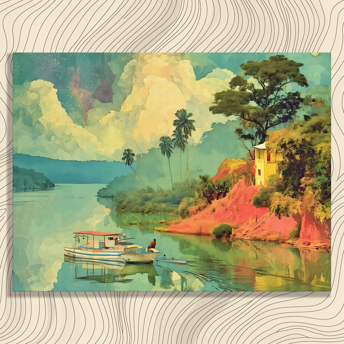 Tropical River Moonlight Houseboat Jungle Riverside Night Poster