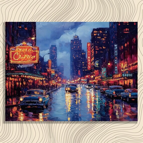 Vibrant Neon Cityscape Canvas Wall Art Urban Graffiti Rainy Day Painting Nightlife Sign Decor Impressionist Print